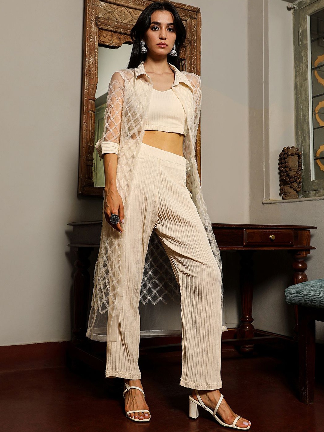 

QISSA Sleeveless Top With Trouser & Shrug, Yellow
