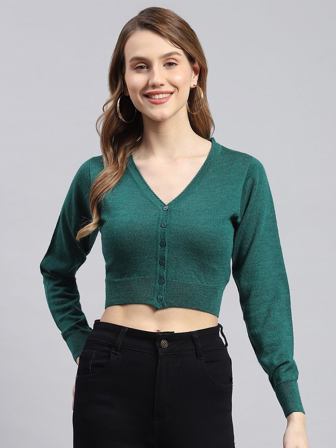 

Monte Carlo Women Woollen Crop Cardigan, Green