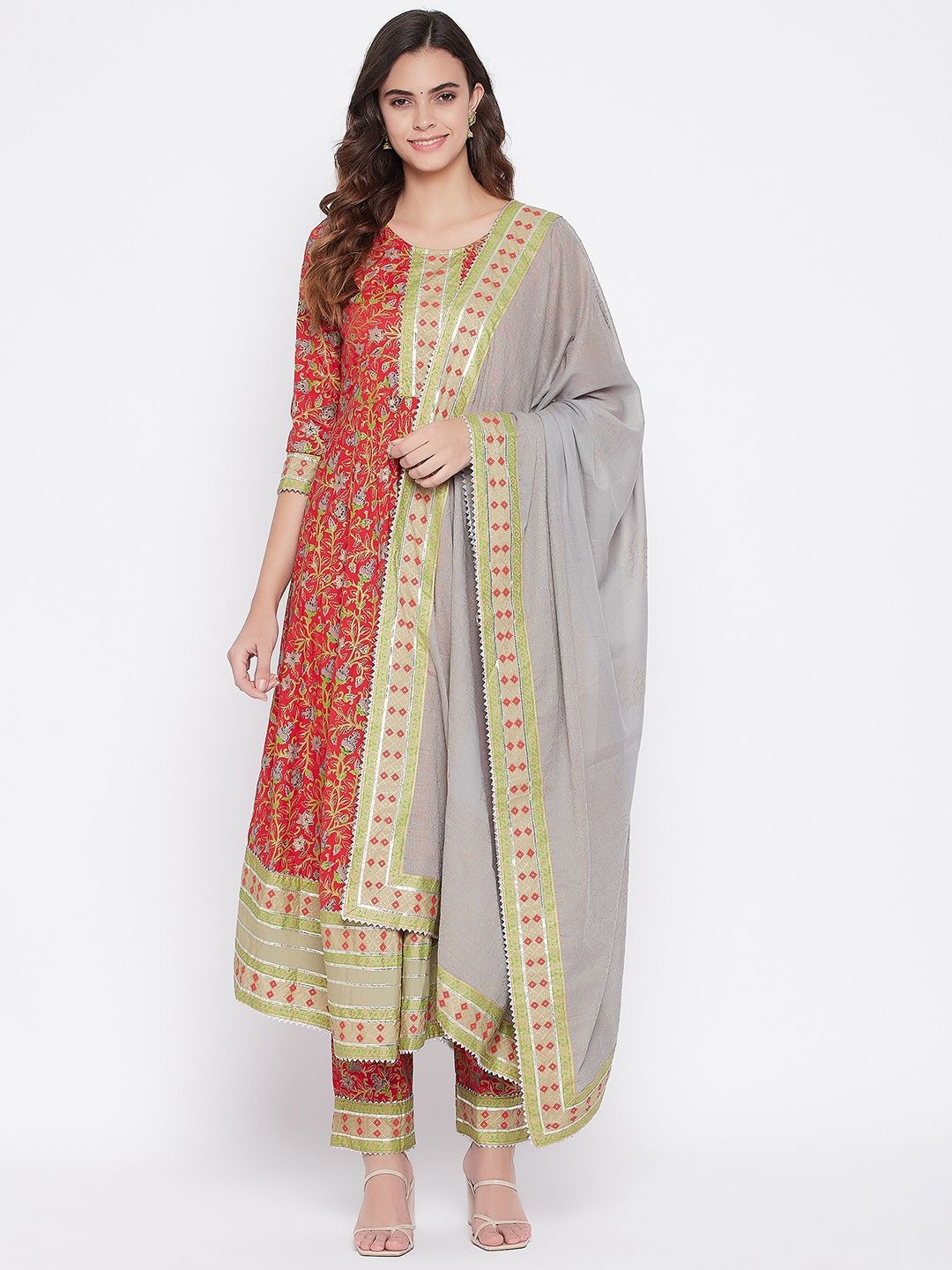 

IndigoFerry Floral Printed Gotta Patti A-Line Kurta with Trousers & Dupatta, Red