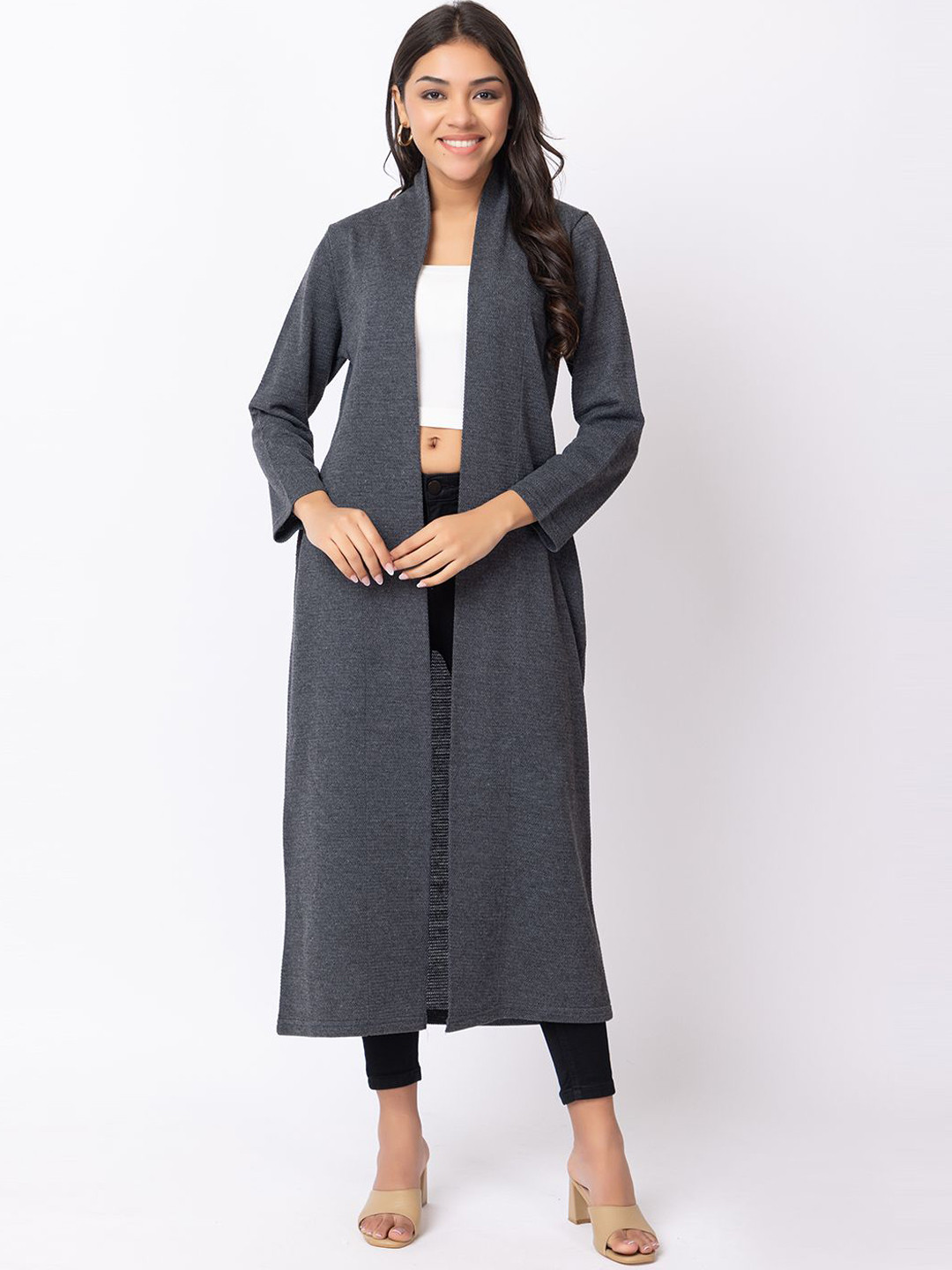 

Anouk Women Striped Flared Sleeves Thread Work Jacquard Winter Wear Kurta, Grey melange