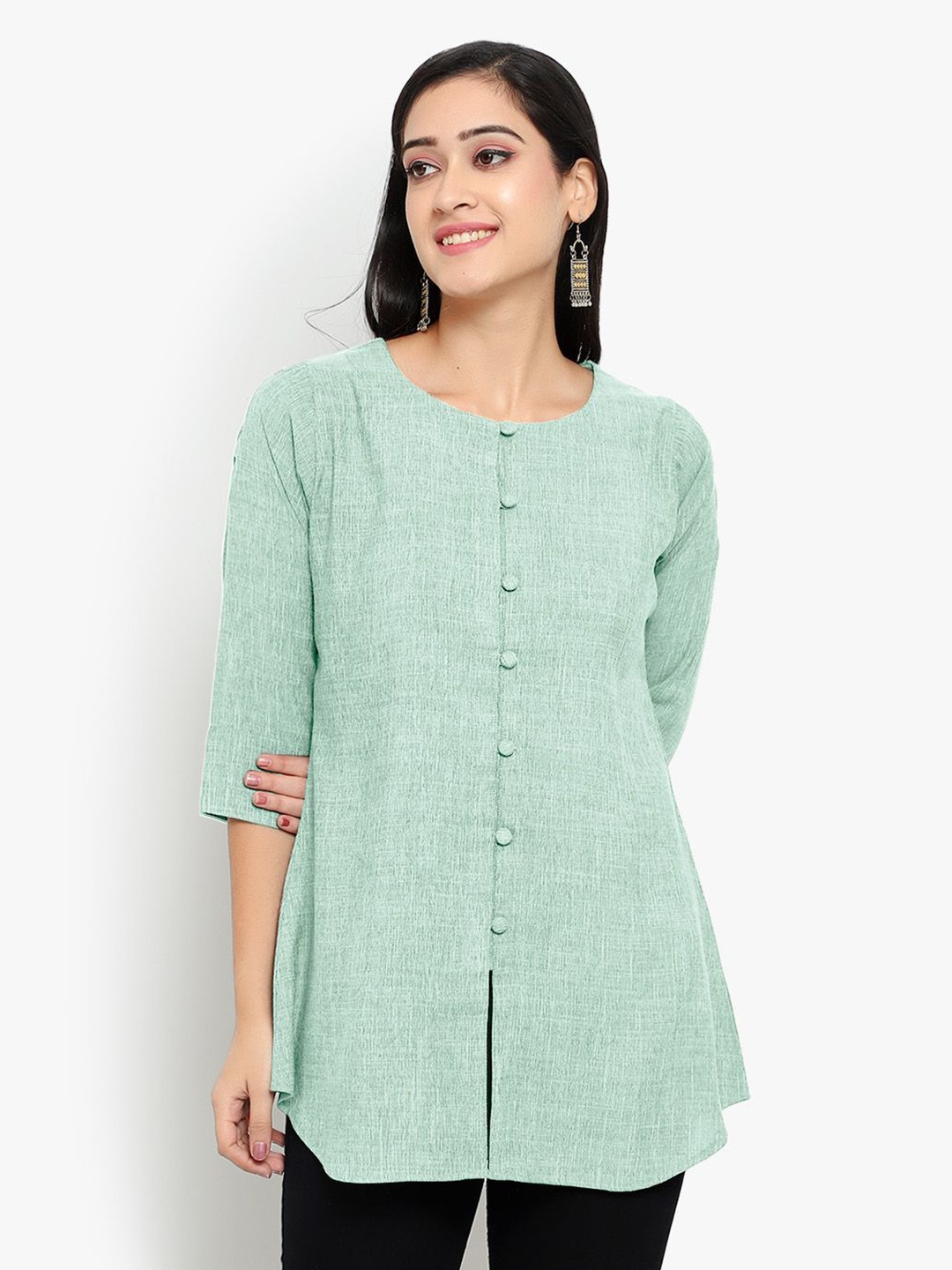 

Indietoga Solid Cotton Linen Longline Tunic Top, Green