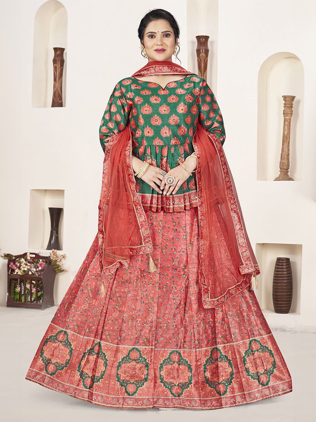 

EthnicTree Printed Beads and Stones Ready to Wear Lehenga & Blouse With Dupatta, Red