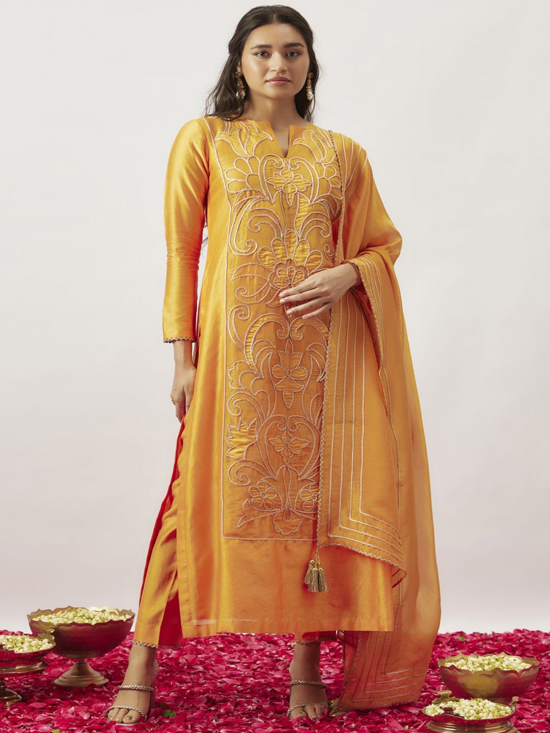 

The Aarya Floral Embroidered Zardozi Straight Kurta With Trousers & Dupatta, Orange