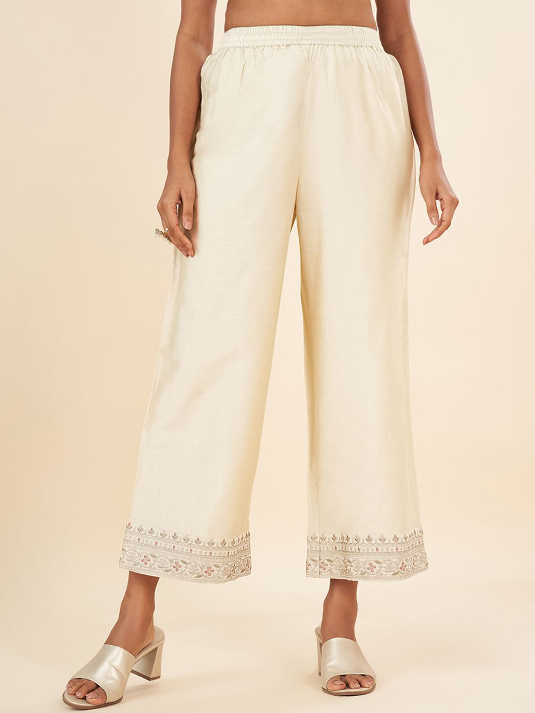 

RANGMANCH BY PANTALOONS Women Embroidered Straight Fit Parallel Trousers, White