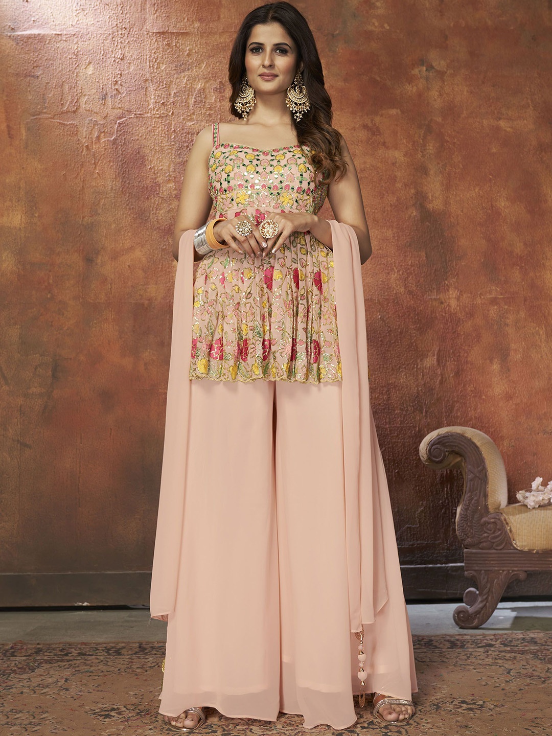 

Fusionic Floral Embroidered Sequinned Anarkali Kurti With Palazzos & Dupatta, Peach