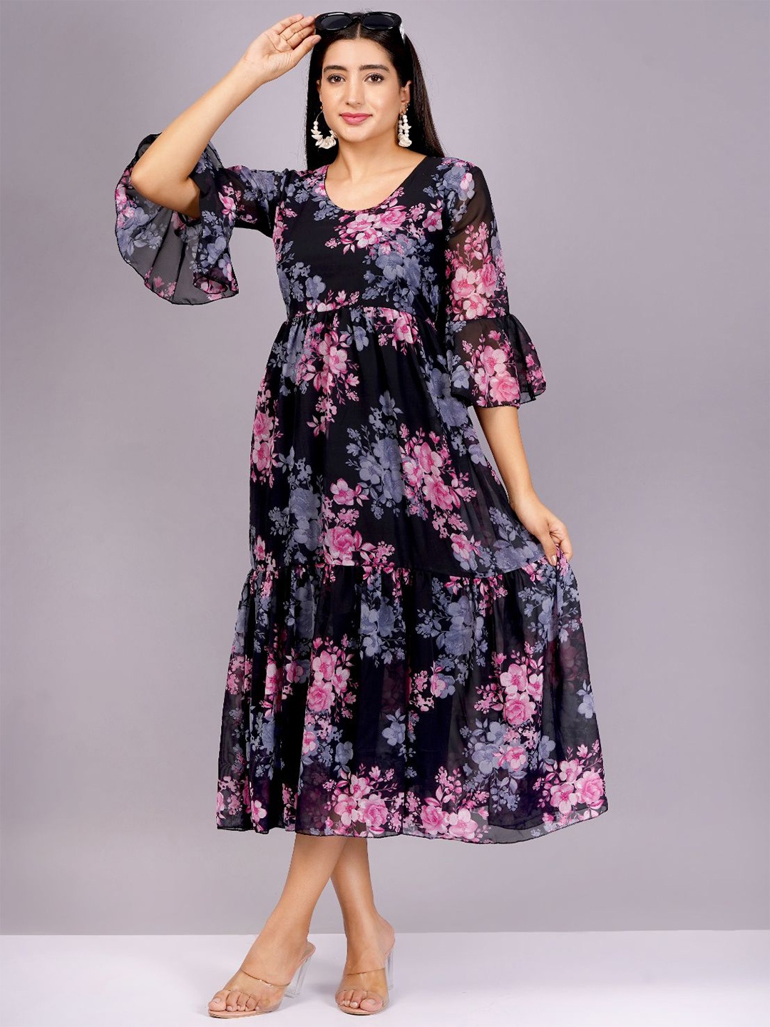 

KALINI Floral Print Bell Sleeve Georgette Empire Midi Dress, Pink