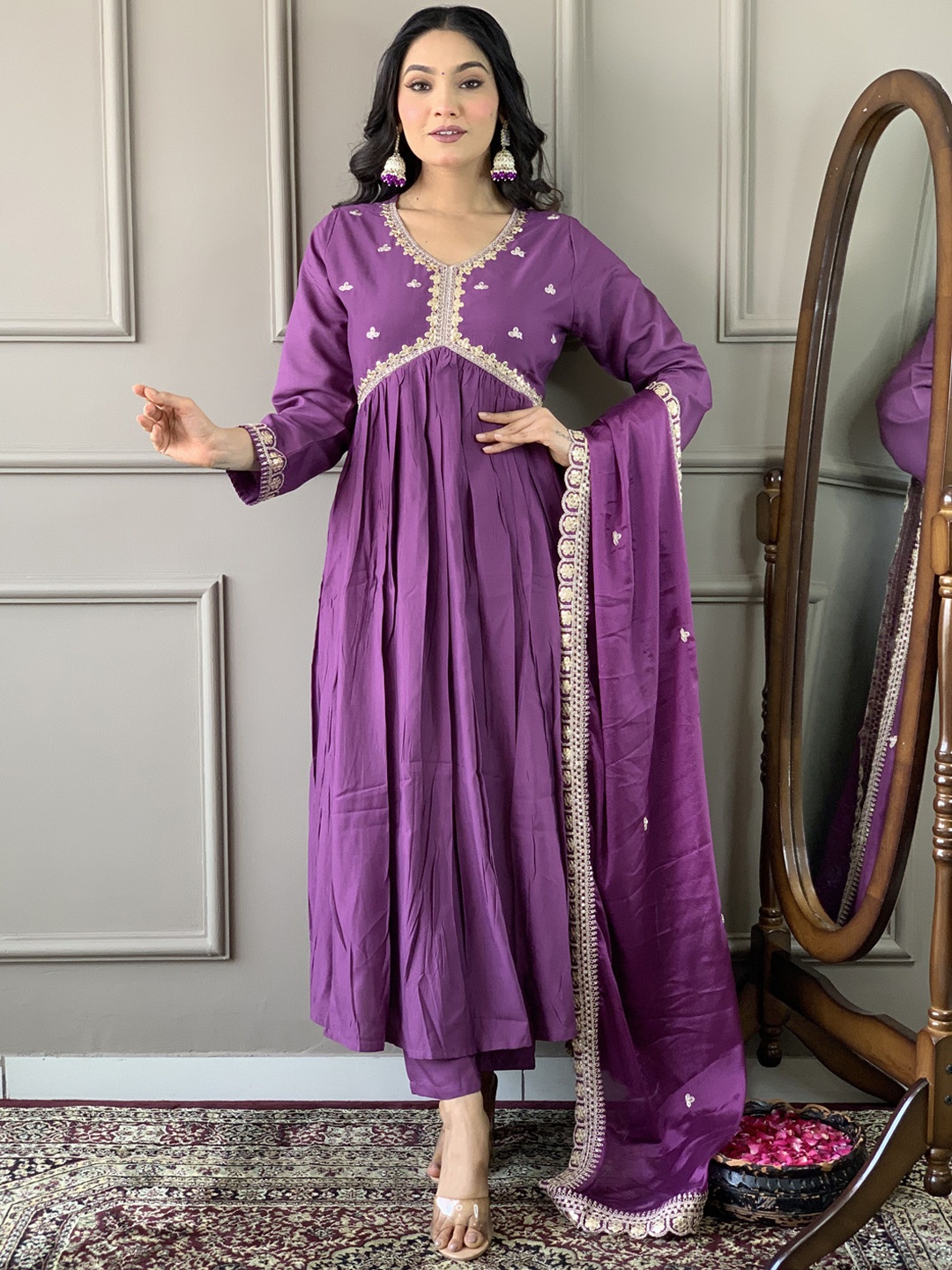 

KALINI Women Floral Embroidered Empire Kurta with Trousers & Dupatta, Purple