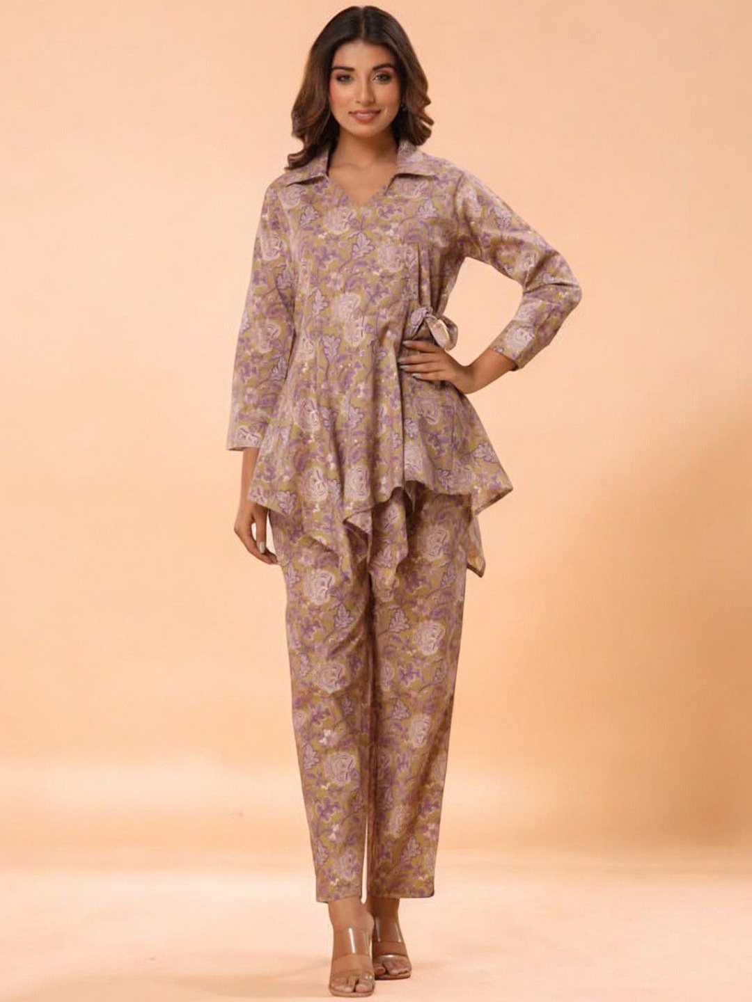 

ARAVALII Floral Printed Pure Cotton Top With Trouser, Olive