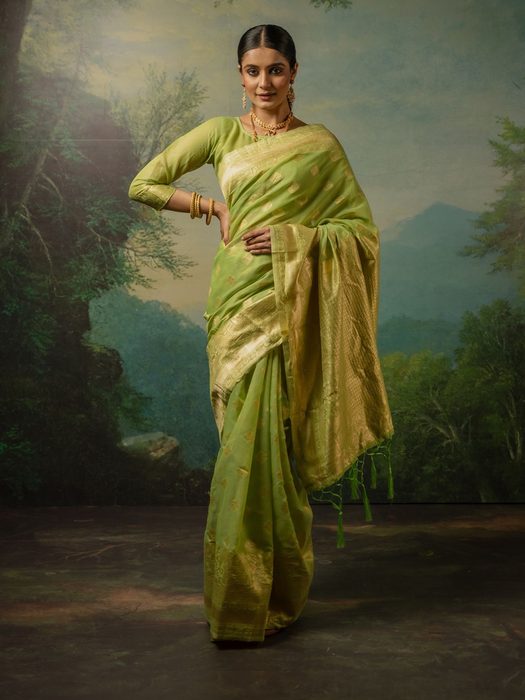 

Dori Woven Design Zari Silk Blend Banarasi Saree, Green