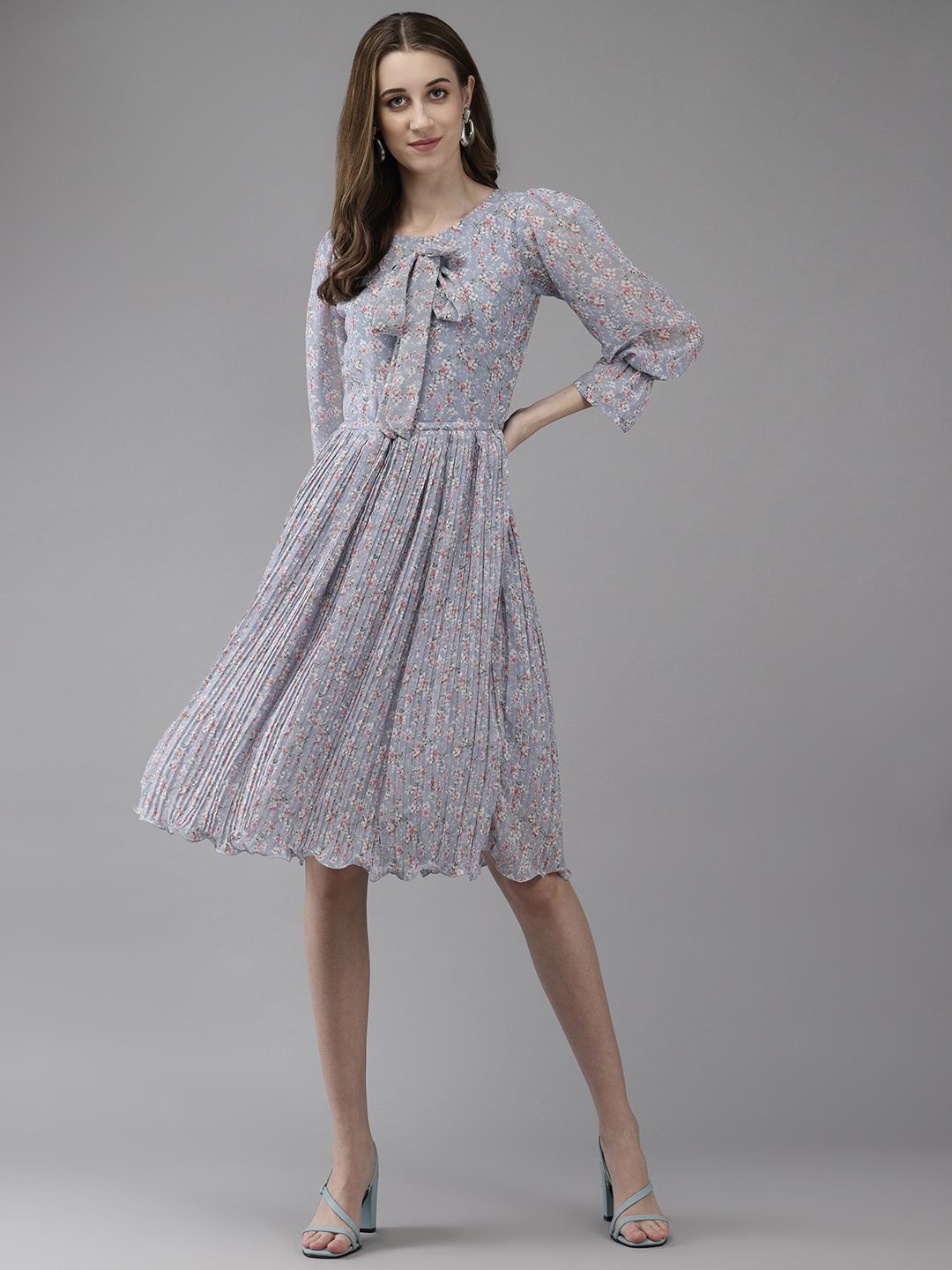 

BAESD Floral Printed Georgette Fit & Flare Midi Dress, Grey