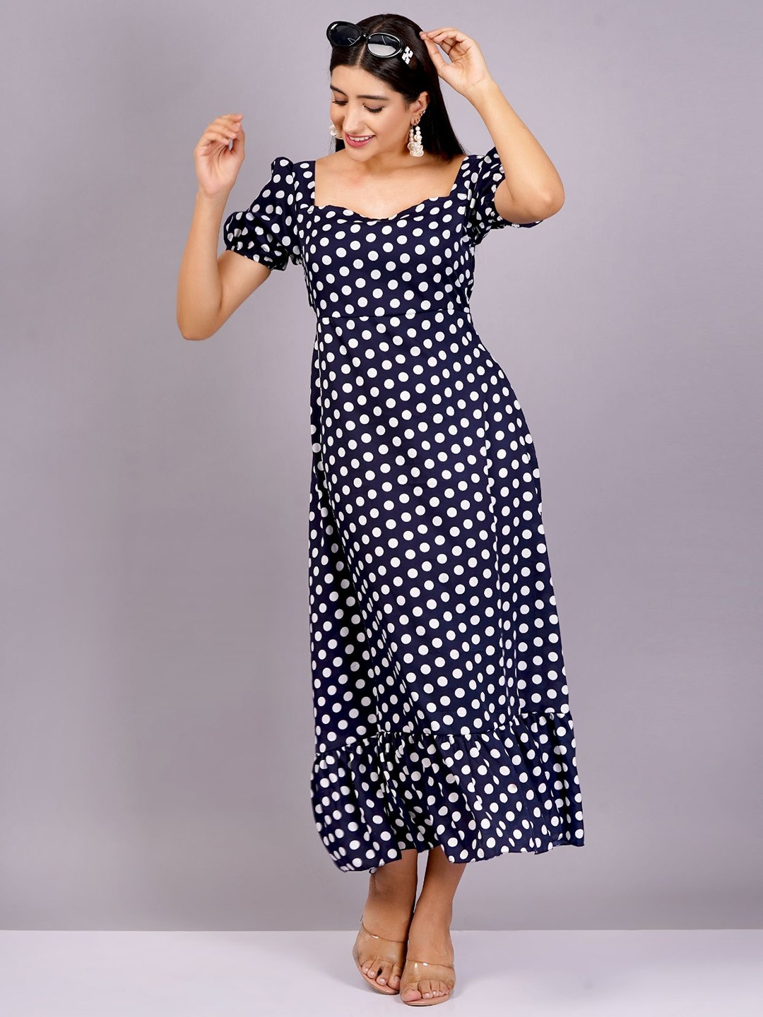 

HIGHLIGHT FASHION EXPORT Polka Dot Print Puff Sleeve Crepe Maxi Dress, Navy blue