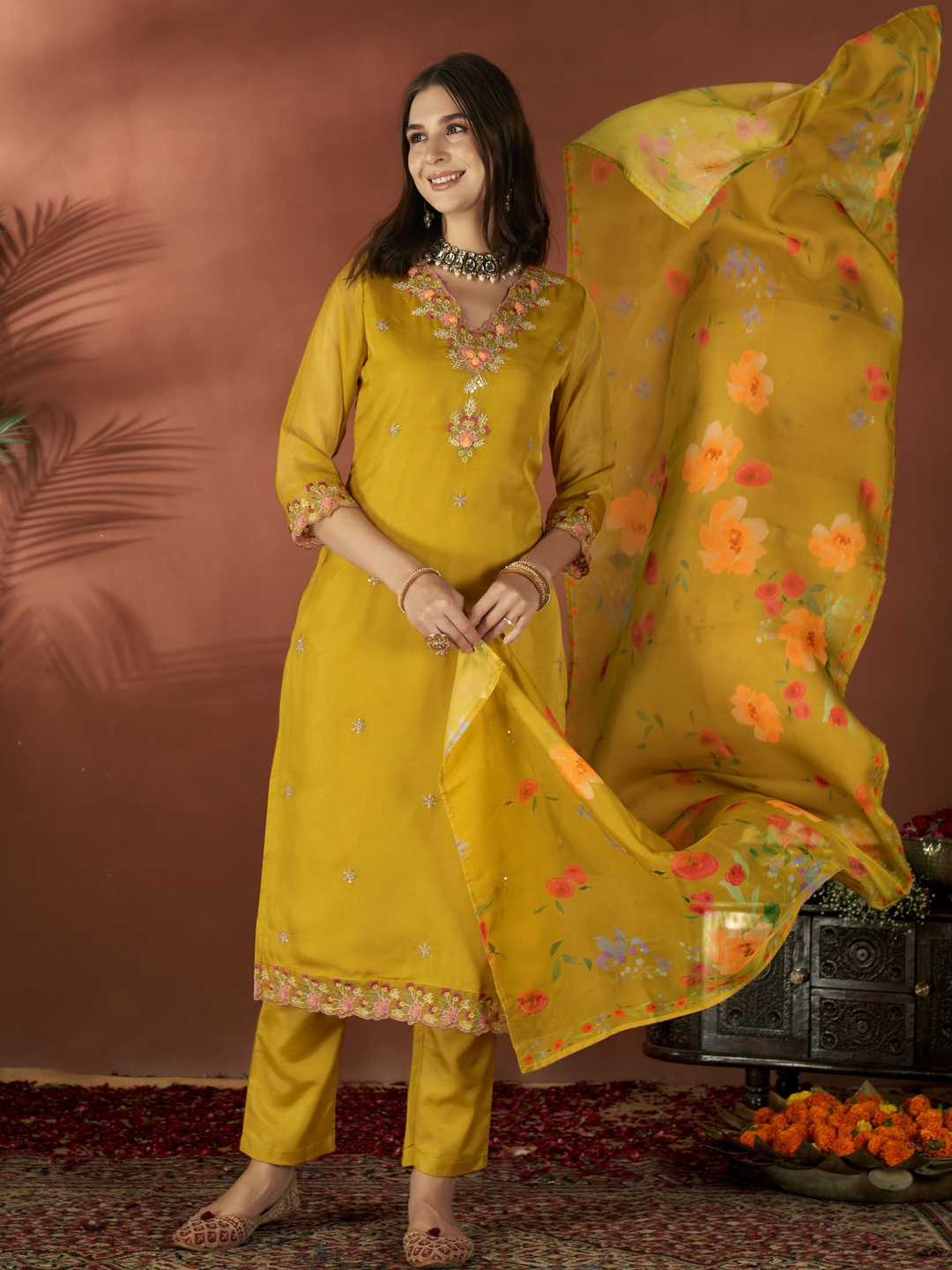 

Anouk Floral Embroidered Regular Thread Work Straight Kurta With Trousers & With Dupatta, Mustard