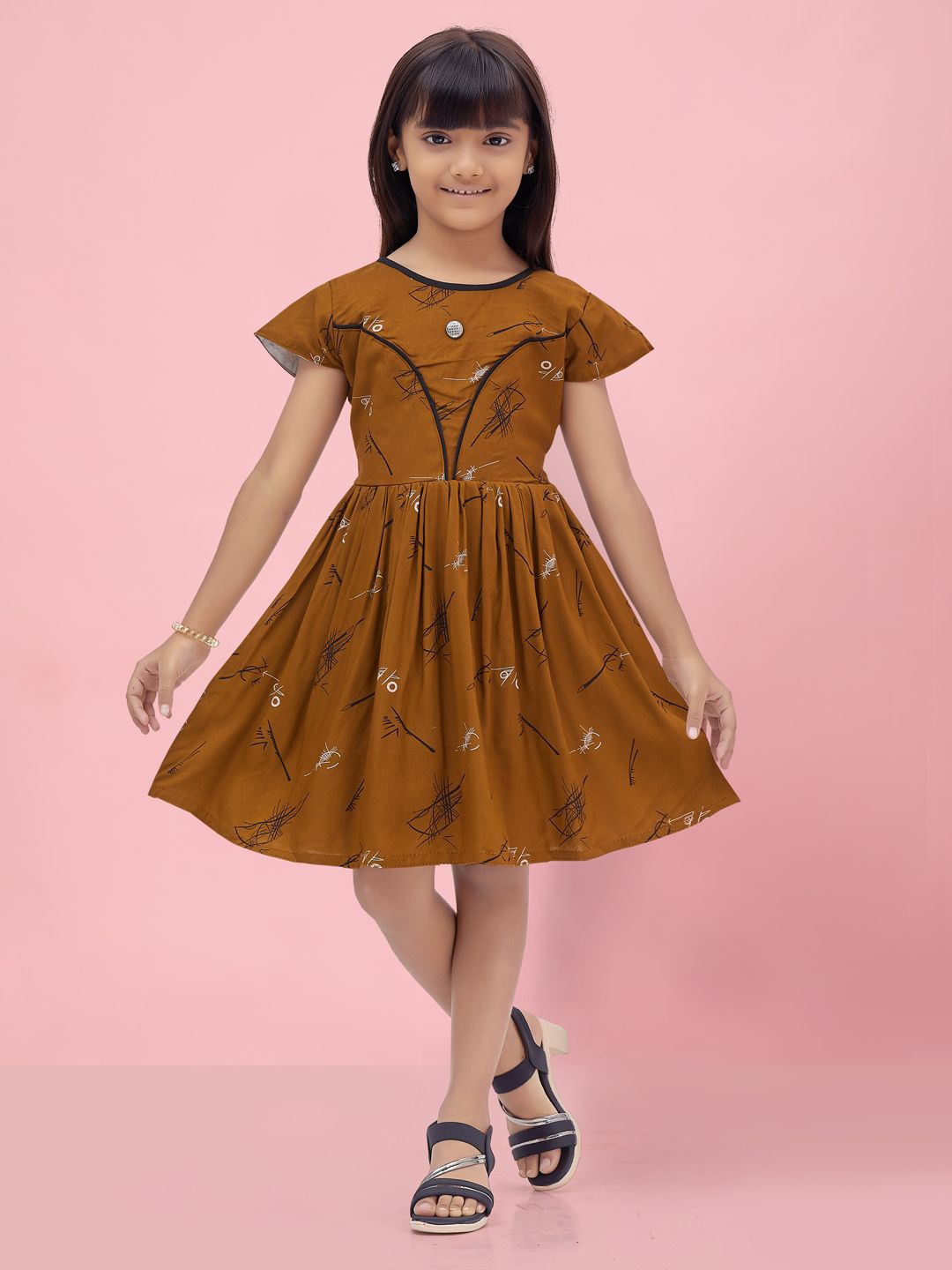 

BAESD Girls Printed Cap Sleeve Fit & Flare Dress, Rust