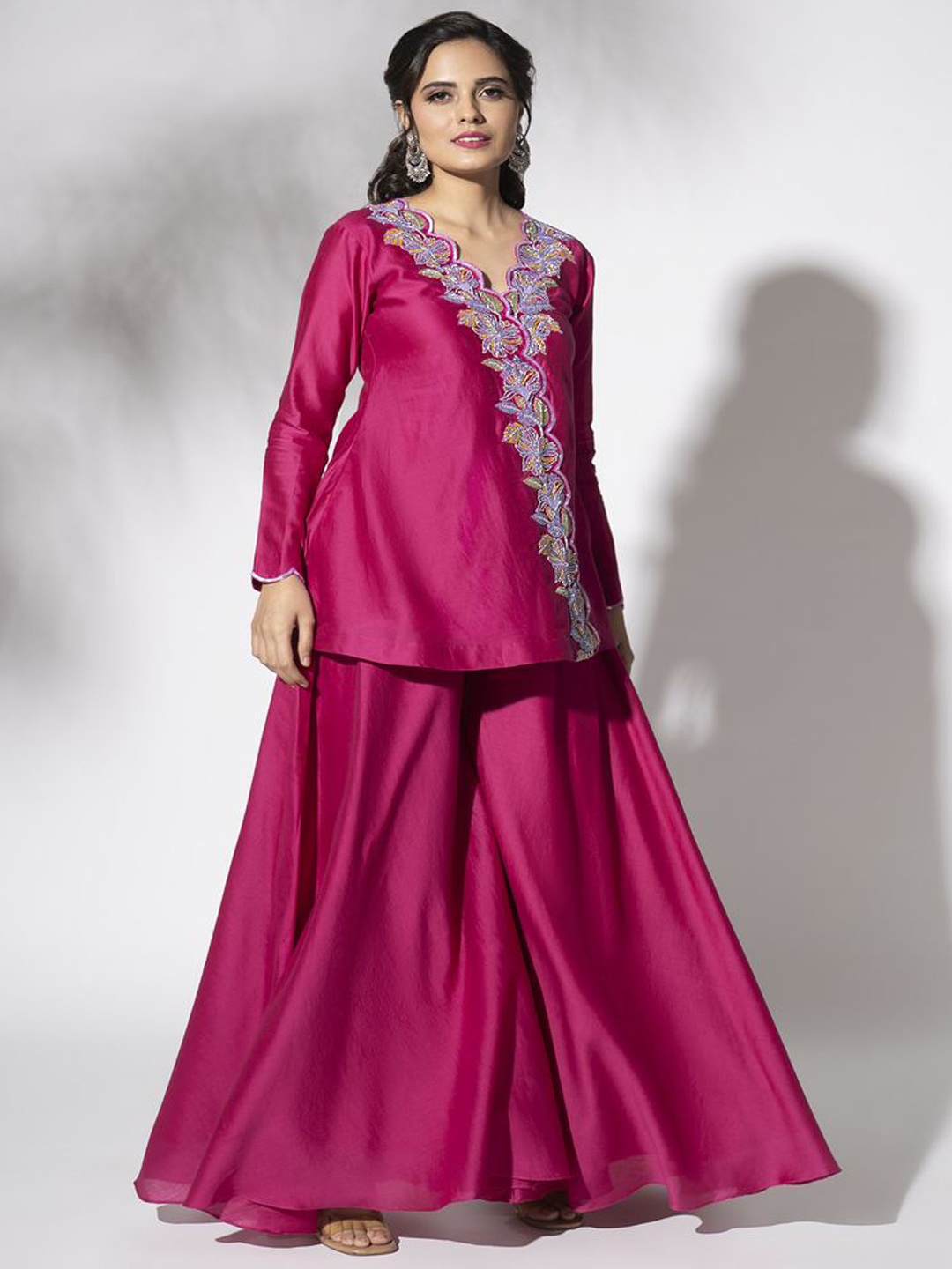 

The Aarya Floral Embroidered Chanderi Cotton A-Line Kurti with Trousers & With Dupatta, Pink