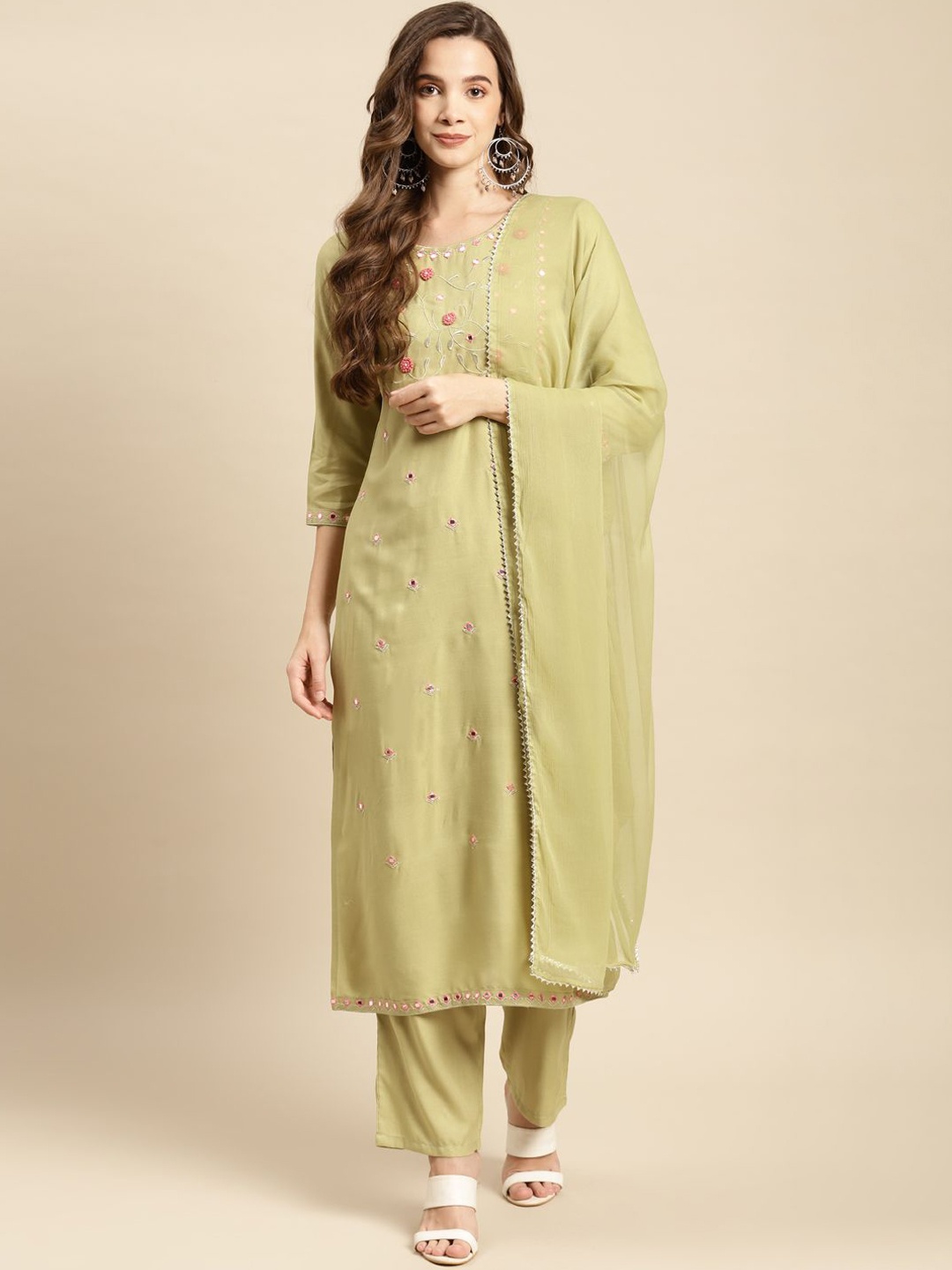 

IndigoFerry Women Floral Embroidered Regular Mirror Work Kurta with Trousers & With Dupatta, Green