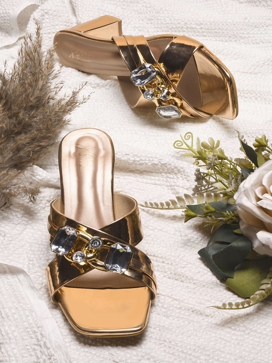 

JM Looks Embellished Open Toe Block Sandals, Pink