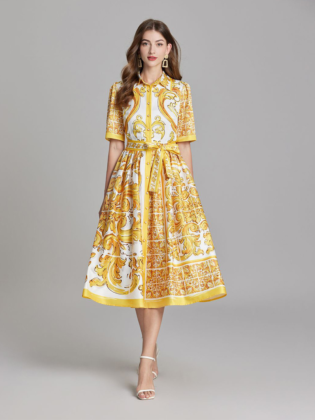 

JC Collection Ethnic Motifs Print A-Line Midi Dress, Gold