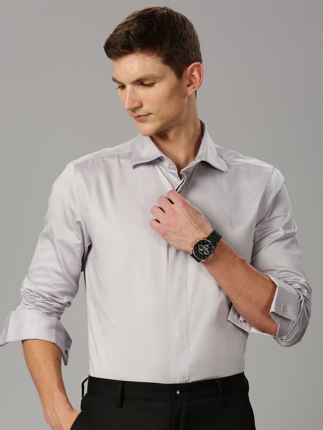 

British Club Men Smart Spread Collar Solid Slim Fit Casual Shirt, Grey