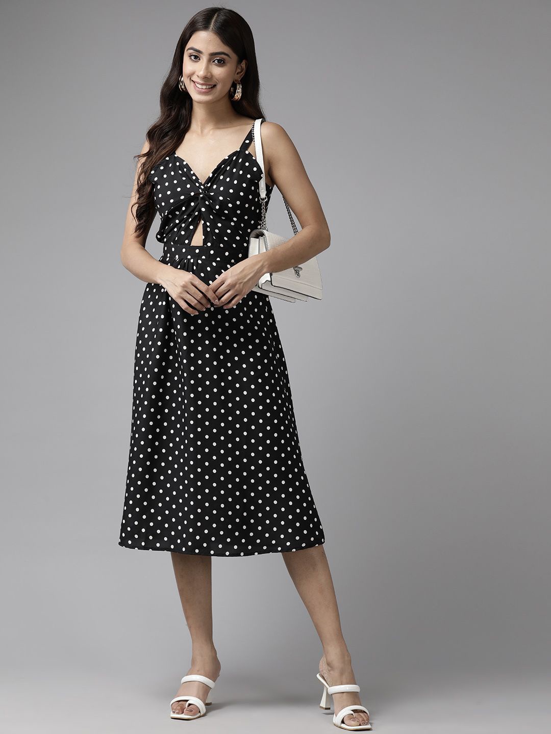 

BAESD Shoulder Strap Polka Dot Fit & Flare Midi Dress, Black