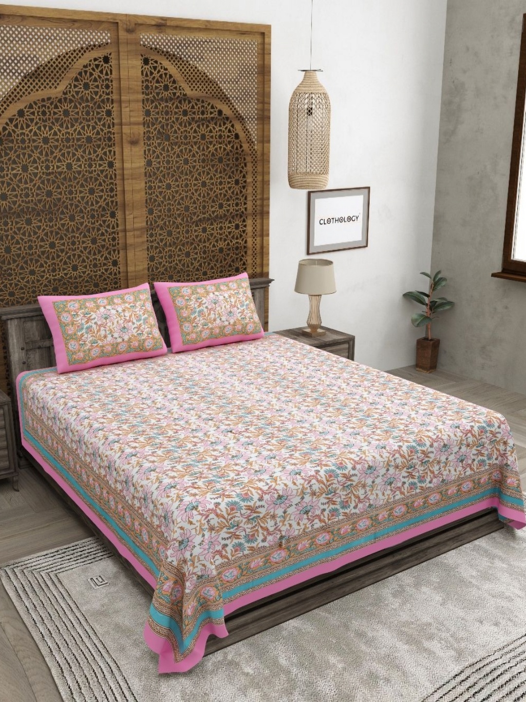

CLOTHOLOGY Brown & Pink Floral 180 TC Cotton King Bedsheet with 2 Pillow Covers