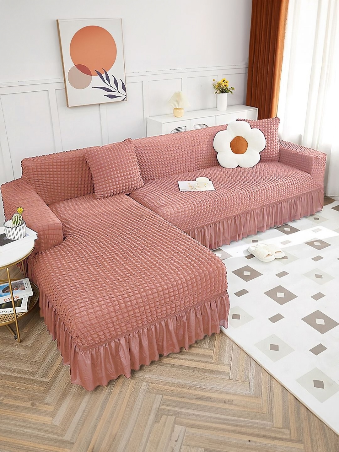 

Cortina Pink 2 Pieces Self Design Sofa Cover With Arms