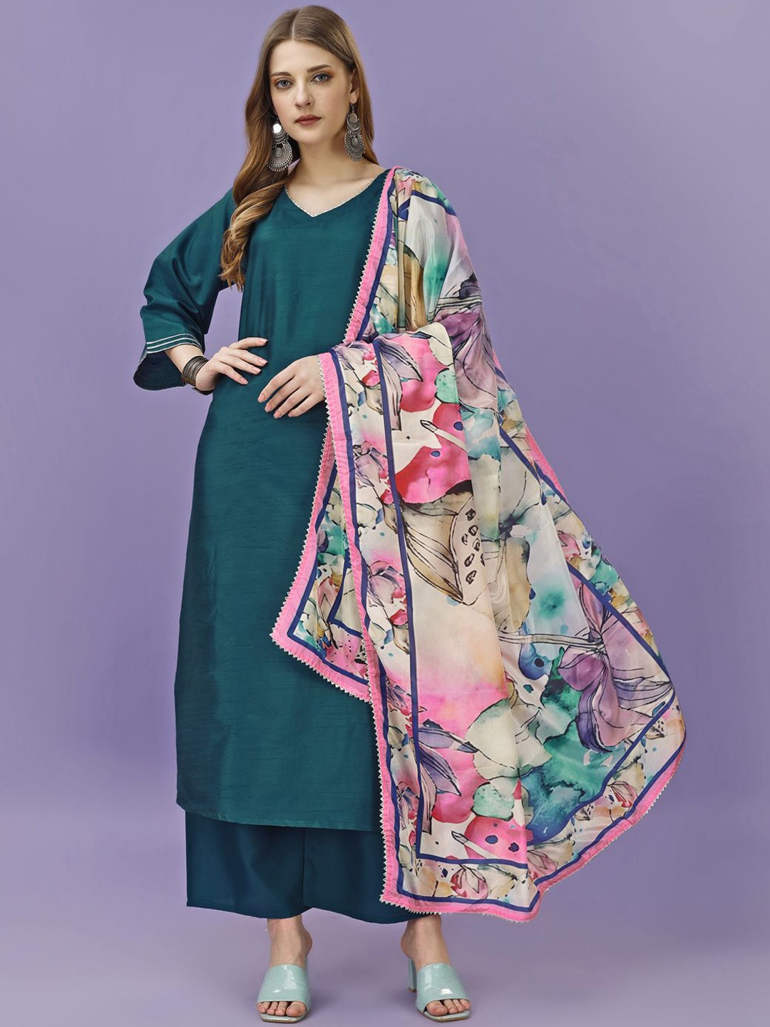 

KALINI Women Regular Kurta with Trousers & With Dupatta, Teal