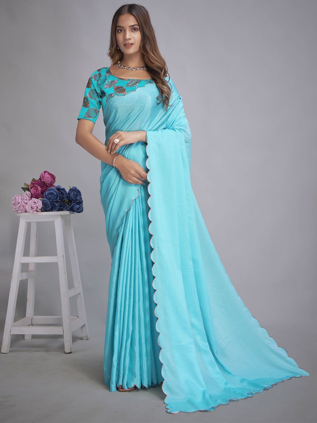 

JULEE Sequinned Pure Chiffon Saree, Turquoise blue