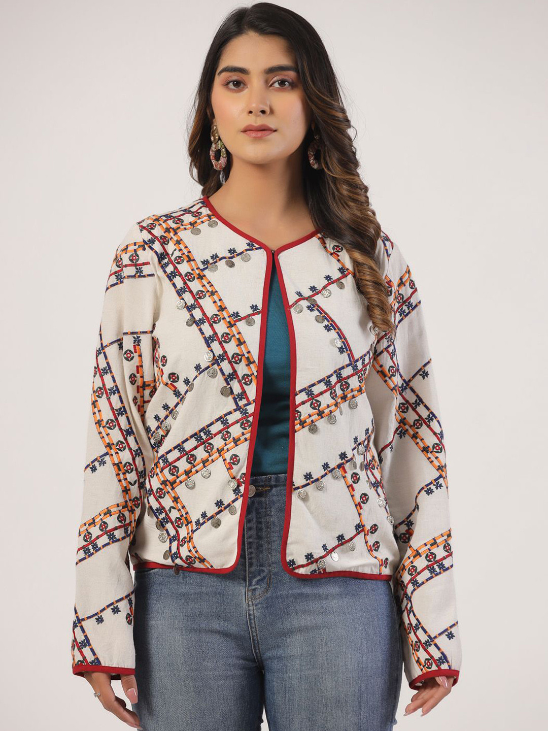 

Zolo Label Women Floral Printed Collarless Jacket, White