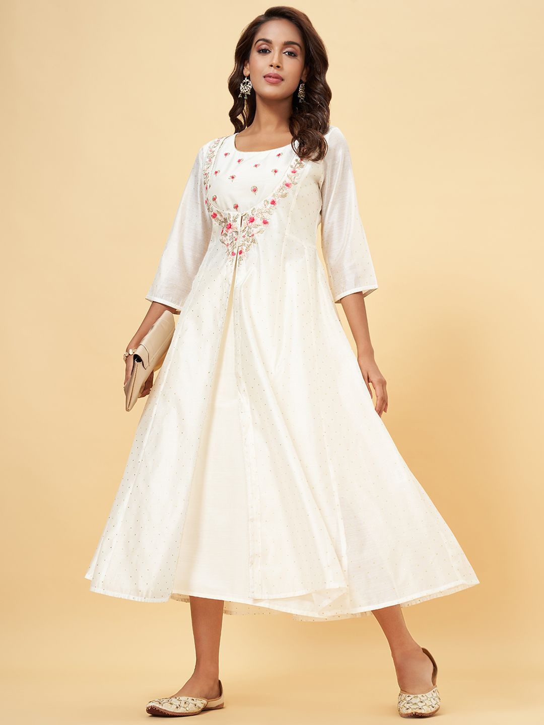 

RANGMANCH BY PANTALOONS Floral Embroidered A-Line Midi Dress, Off white