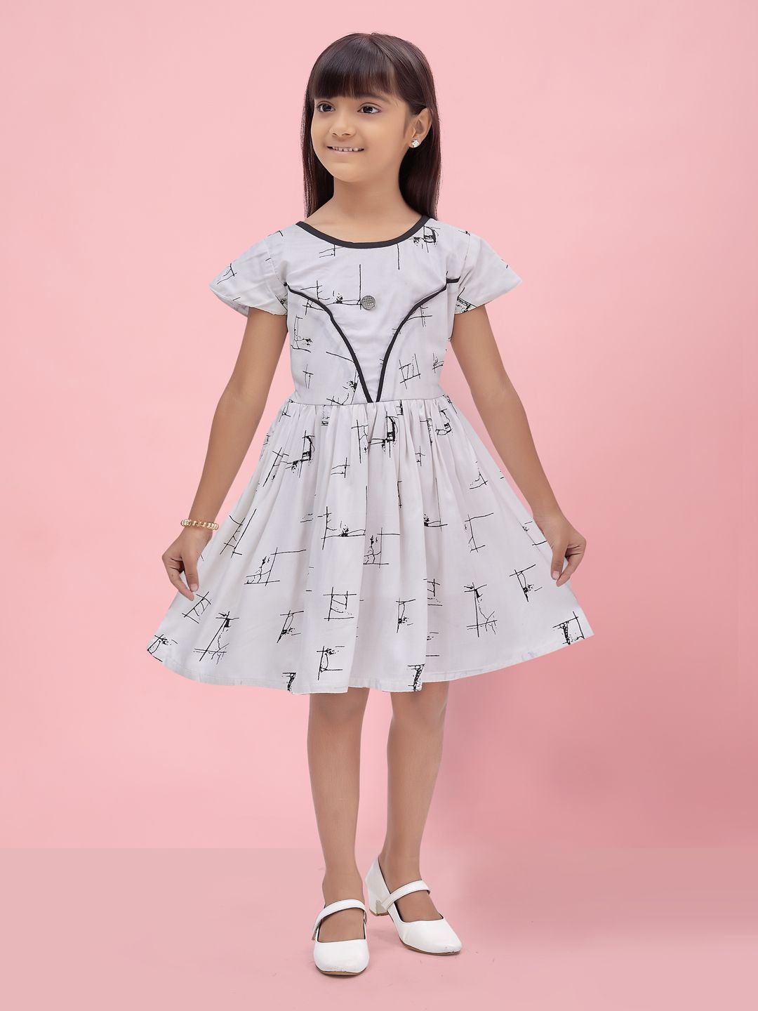 

BAESD Girls Printed Short Sleeves Fit & Flare Dress, White