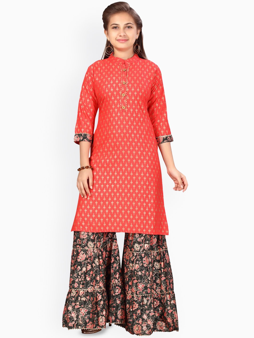 

BAESD Girls Ethnic Motifs Printed Mandarin Collar Straight Pure Cotton Kurta with Sharara, Peach
