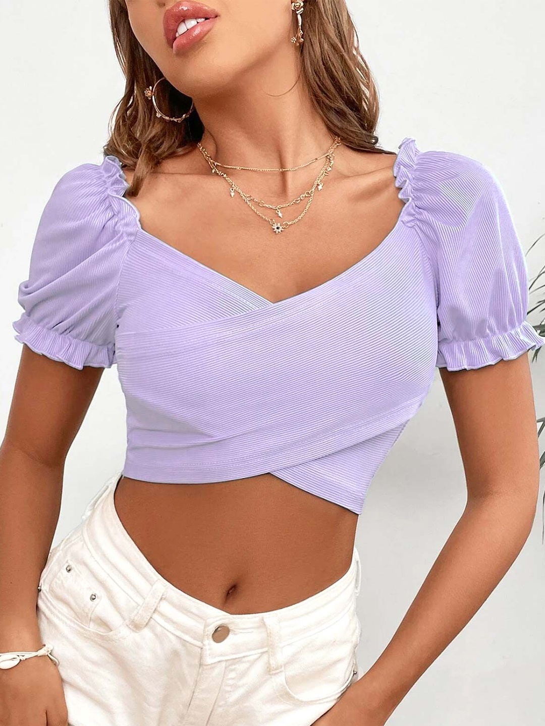 

Stylecast X Slyck Puff Sleeve Ruffles Crop Top, Lavender