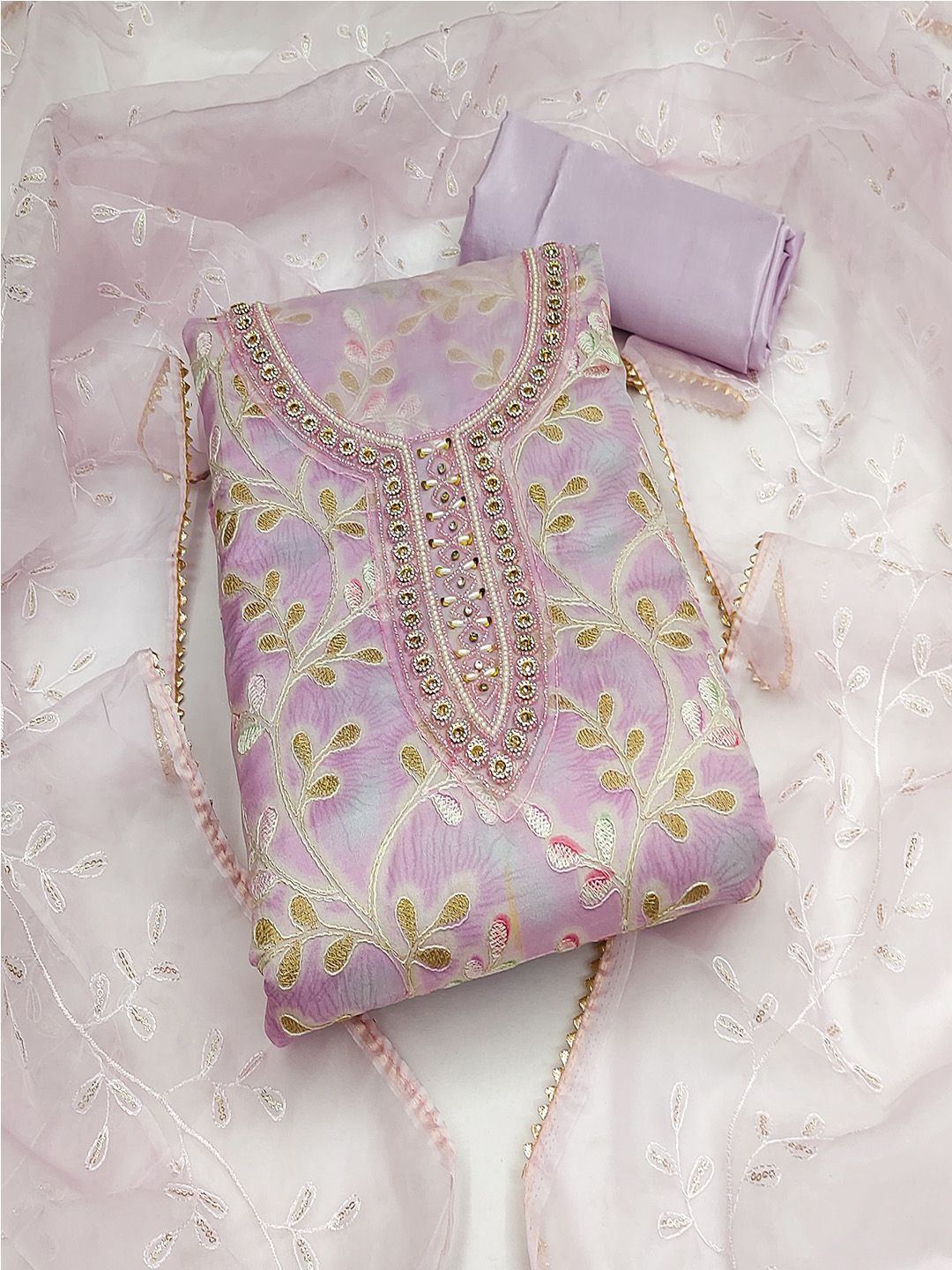 

Lilots Organza Unstitched Dress Material, Lavender