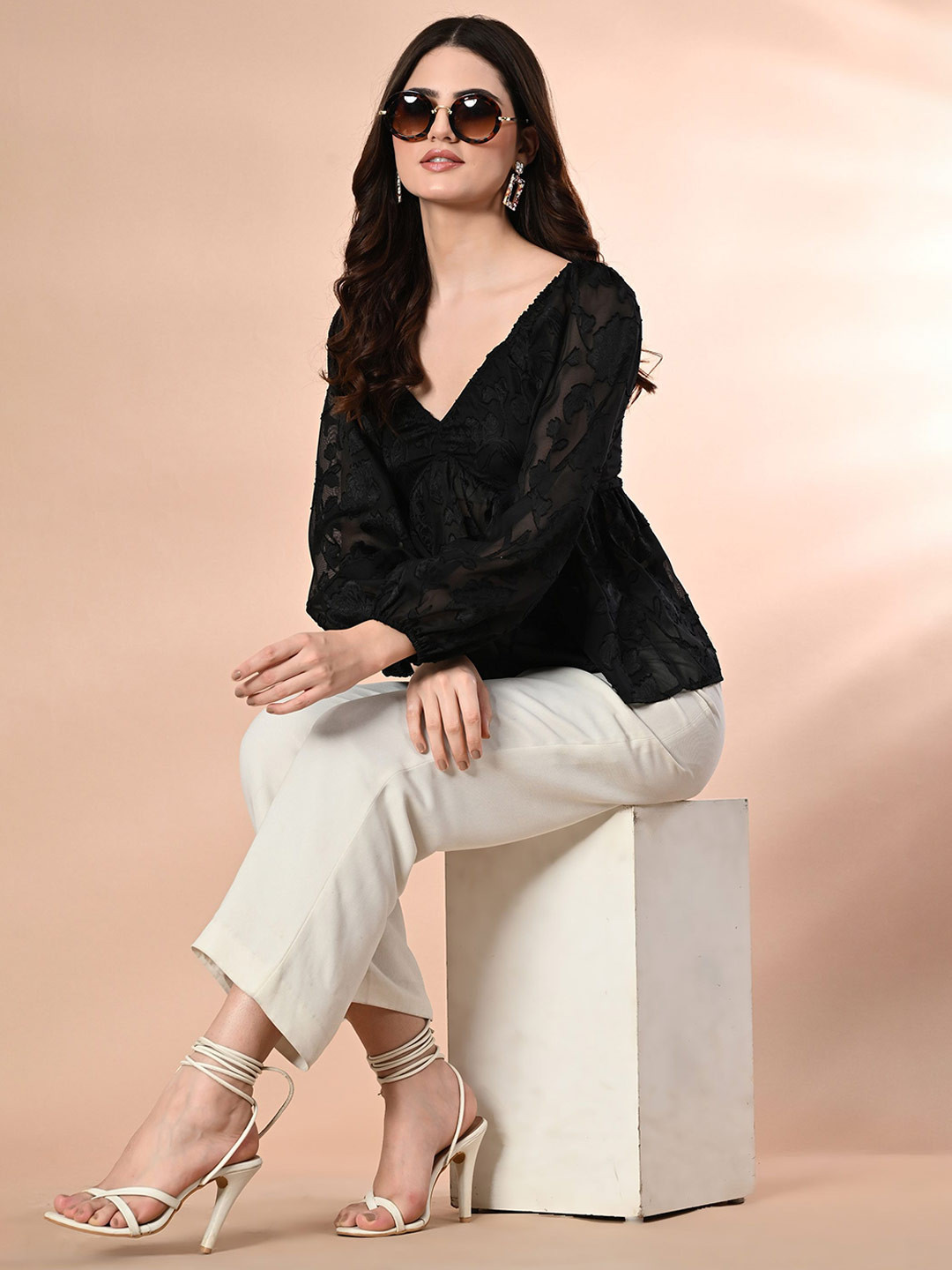 

PANDORNA Puff Sleeve Wrap Top, Black