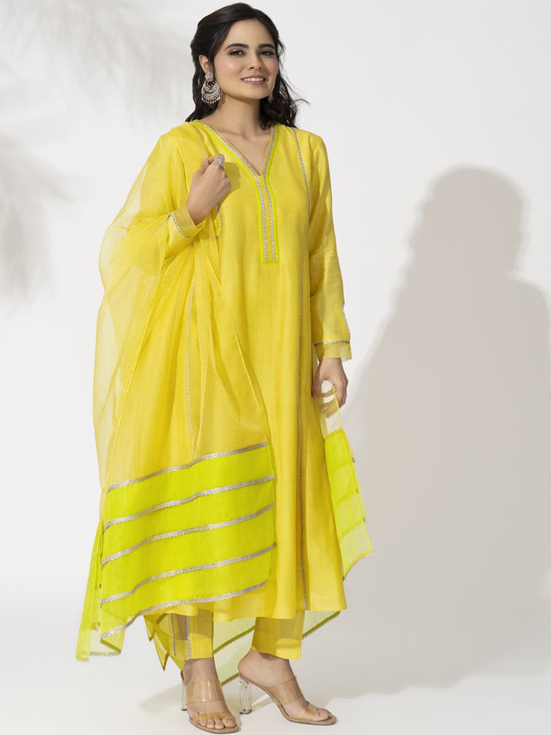 

The Aarya Chanderi Cotton Anarkali Kurta with Trousers & With Dupatta, Yellow