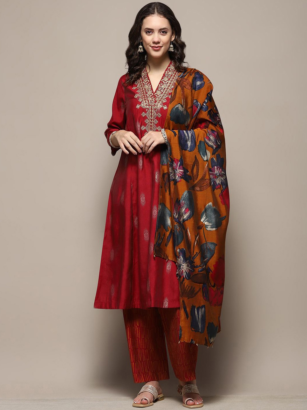 

Biba Floral Embroidered Thread Work Pure Cotton A-Line Kurta With Palazzos & Dupatta, Maroon