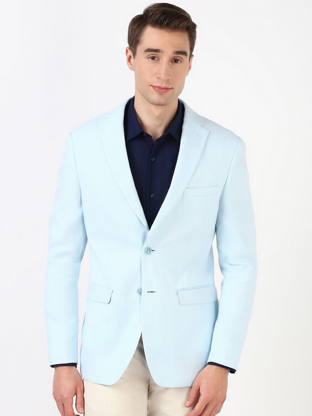

Peter England Elite Self Design Slim-Fit Single-Breasted Blazer, Blue