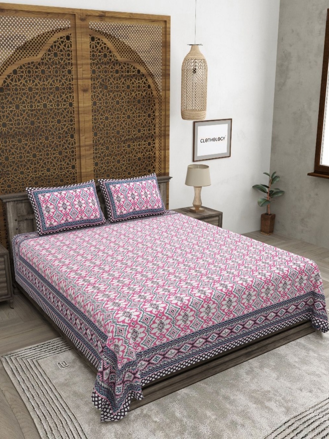 

CLOTHOLOGY Pink & White Ethnic Motifs 180 TC Cotton King Bedsheet with 2 Pillow Covers