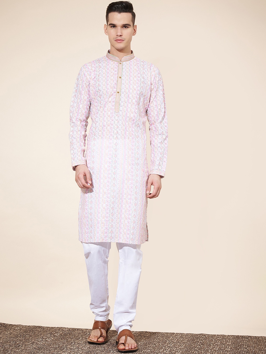 

BERISTON Geometric Digital Printed Thread Work Pure Cotton Straight Kurta with Trousers, Pink