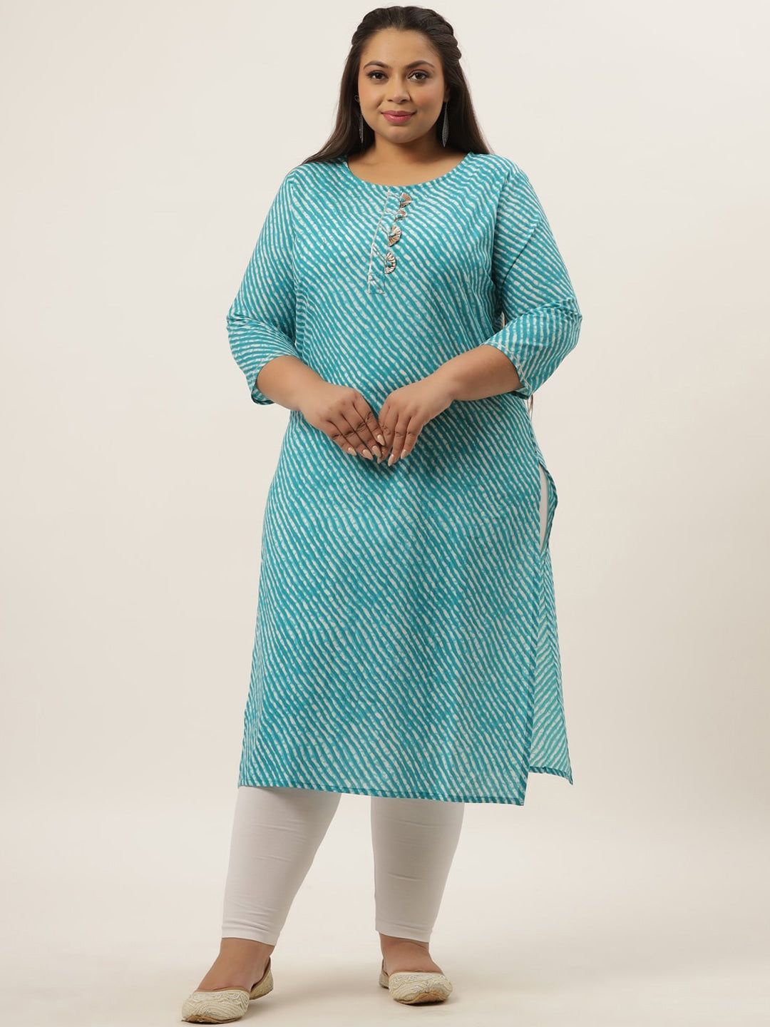 

KALINI Plus Size Leheriya Printed Gotta Patti Cotton Straight Kurta, Turquoise blue