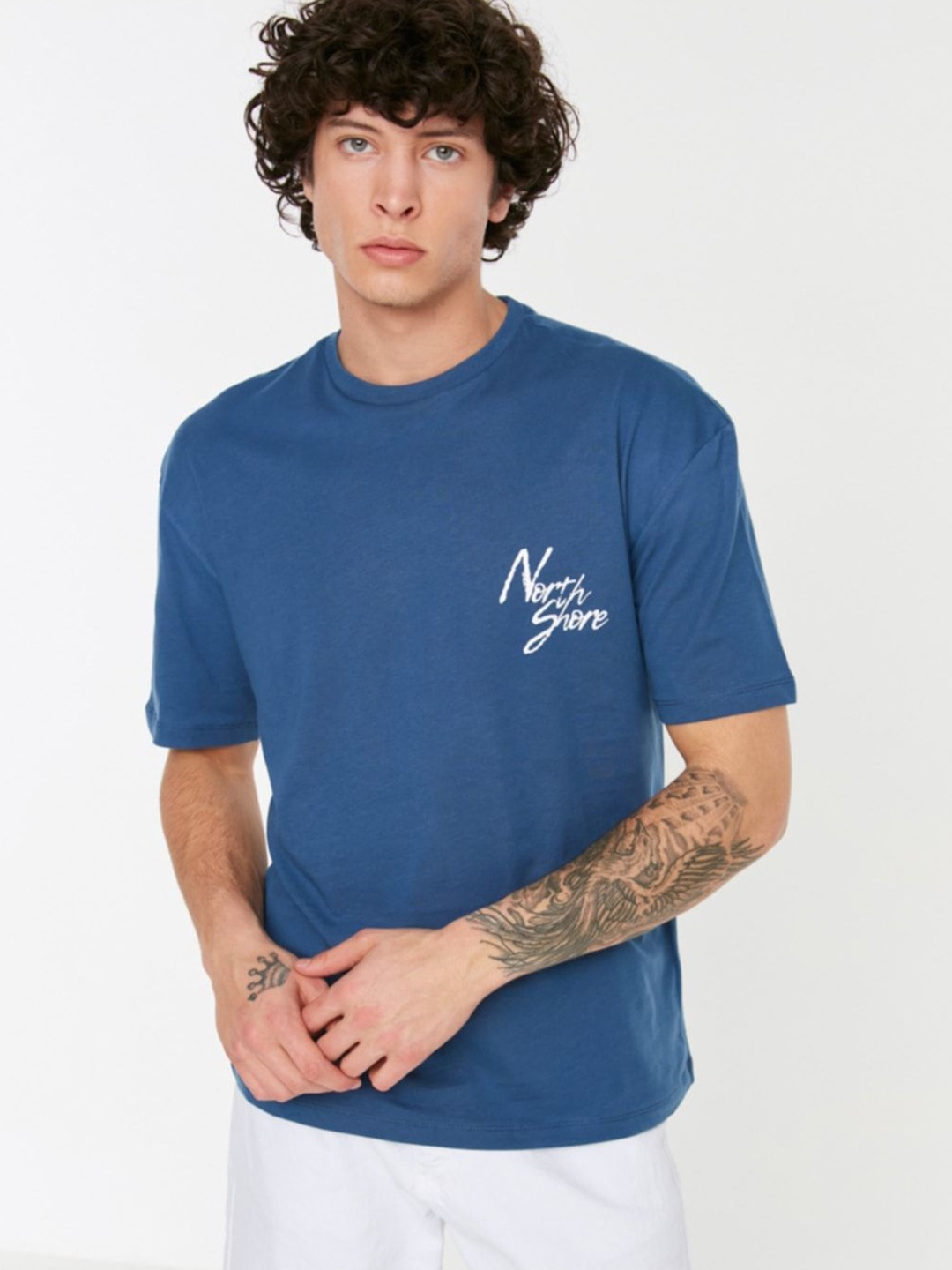 

Trendyol Men Typography Printed Round Neck Cotton T-Shirt, Na
