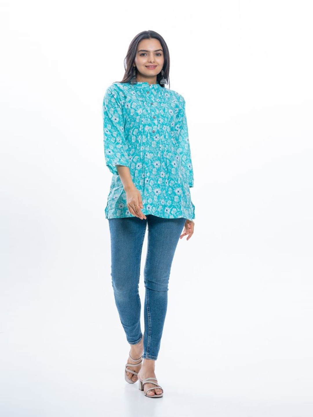 

EKISHA Floral Printed Cotton Pleated Tops, Sea green
