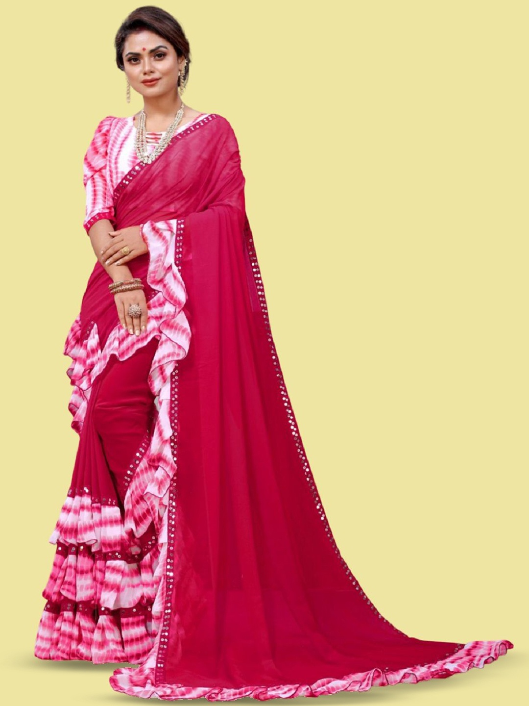 

APNISHA Tie and Dye Sequinned Pure Georgette Saree, Pink