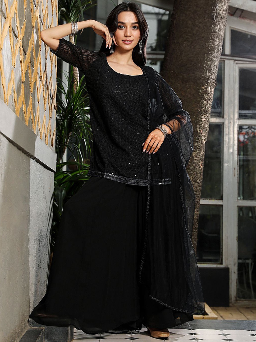 

QISSA Paisley Embroidered Regular Sequinned Kurti With Palazzos & Dupatta, Black