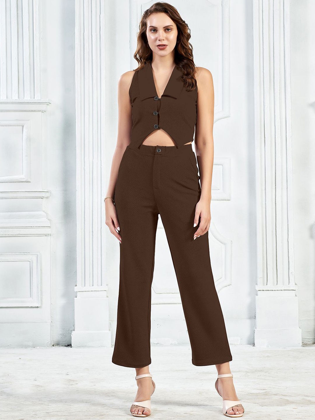 

Selvia Shirt Collar Sleeveless Top With Trouser, Brown