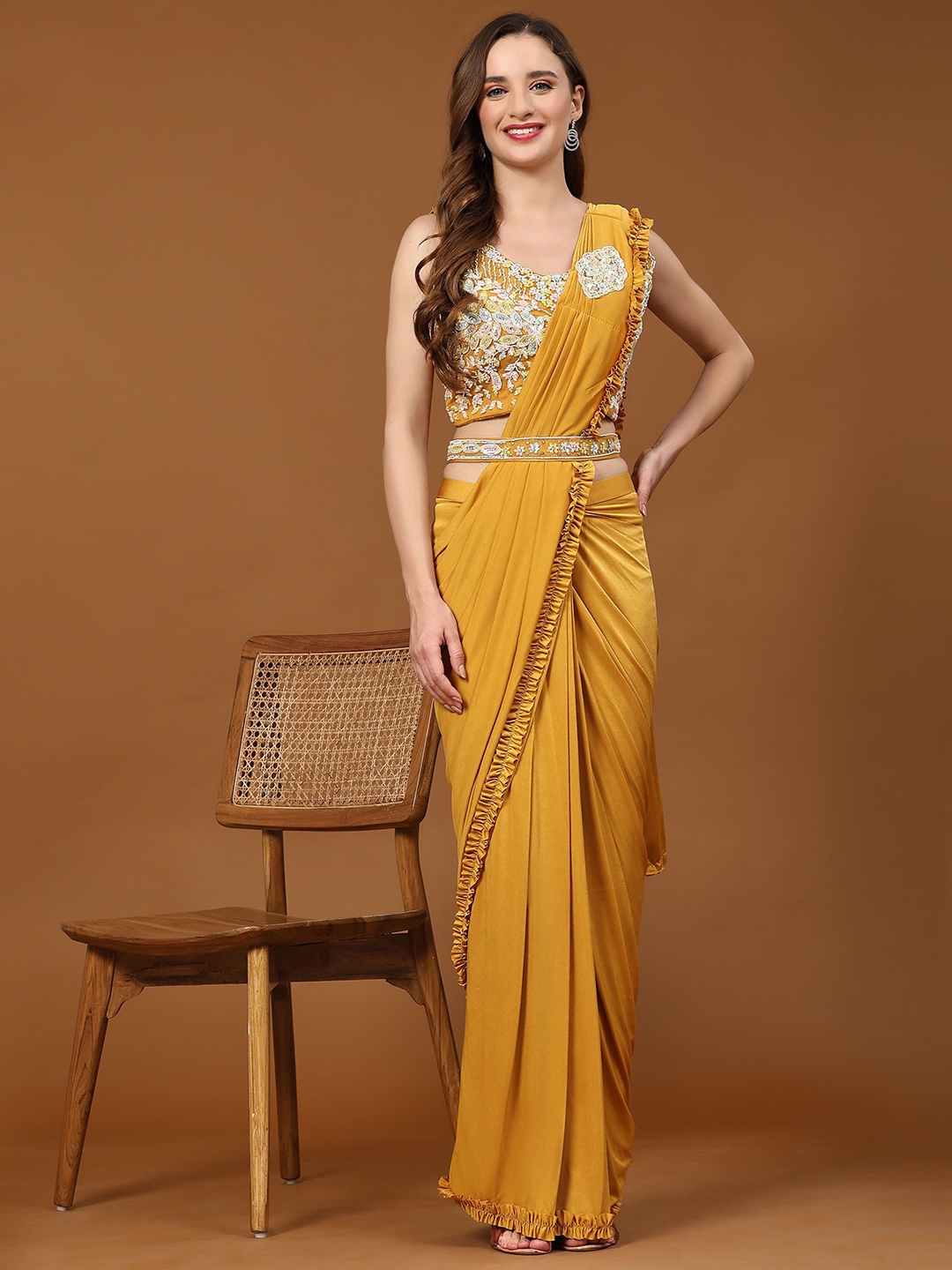 

AMOHA TRENDZ Embroidered Ready to Wear Saree, Mustard