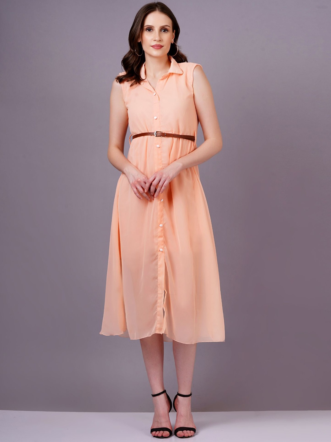 

HIGHLIGHT FASHION EXPORT Georgette Shirt Midi Dress, Peach