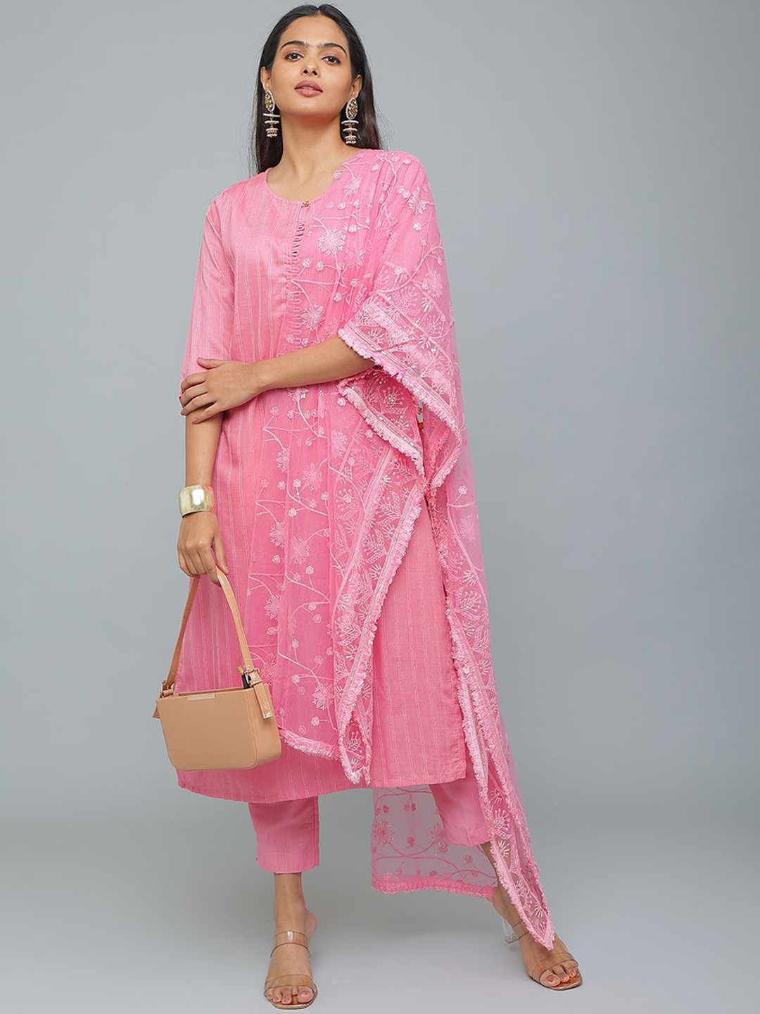 

Anouk Women Striped Regular Chanderi Silk Kurta with Trousers & With Dupatta, Pink