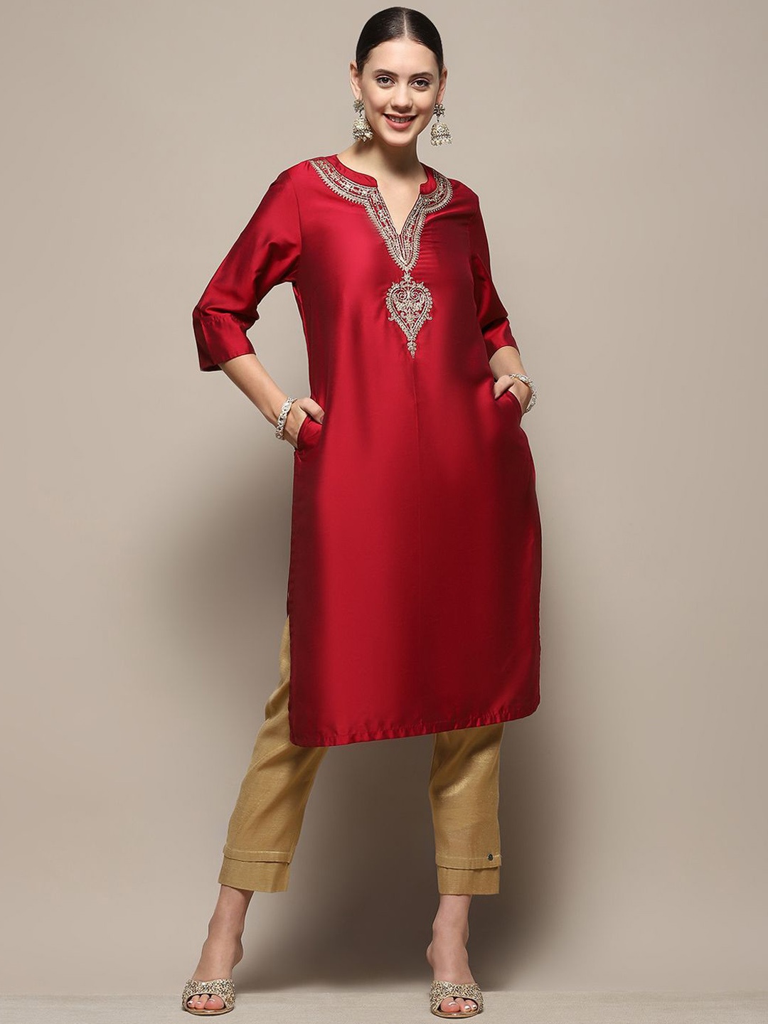 

Biba Ethnic Motifs Yoke Design band Collar Straight Kurta, Pink
