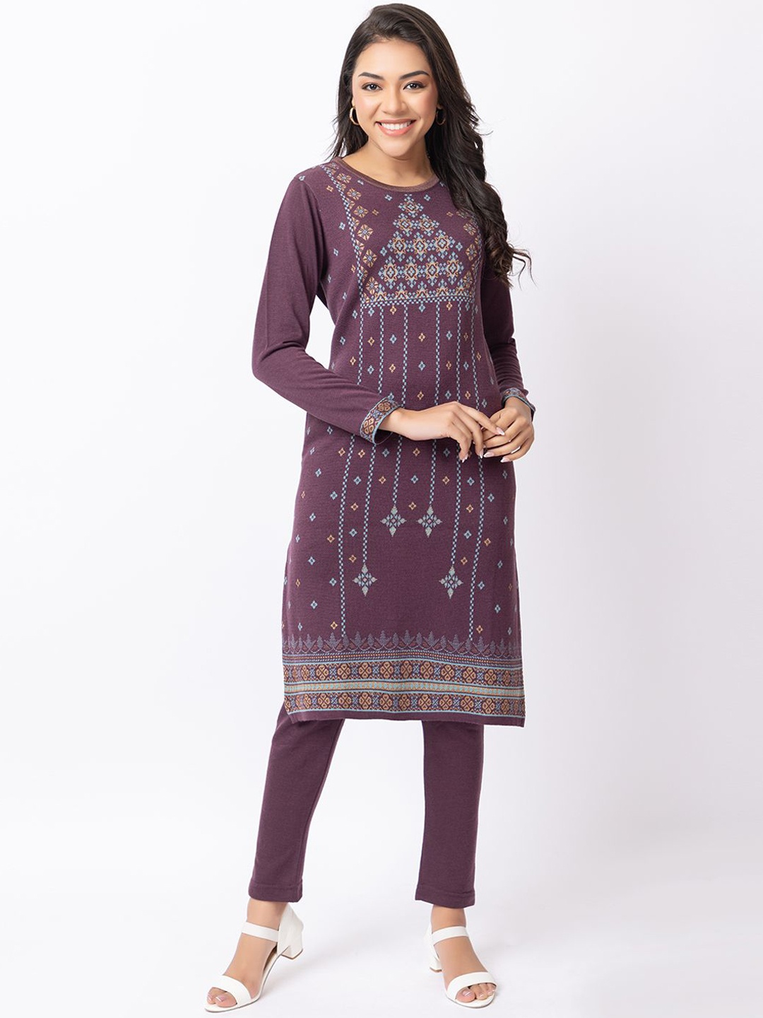 

Anouk Women Ethnic Motifs Embroidered Keyhole Neck Thread Work Jacquard Winter Wear Kurta, Violet